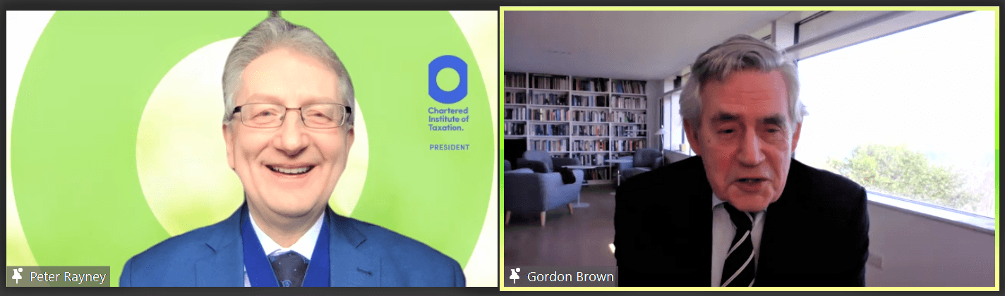 Peter Rayney presenting Gordon Brown with an honorary fellowship at an online event